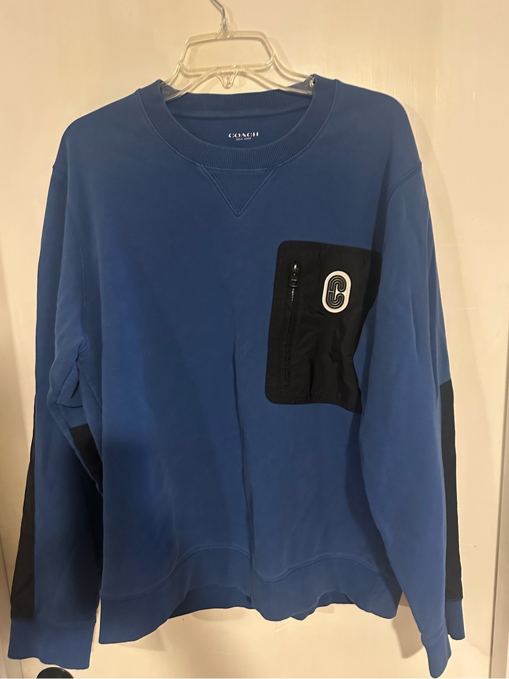 Coach NY Mixed Media Tech Pocket Crewneck Sweatshirt Blue XL